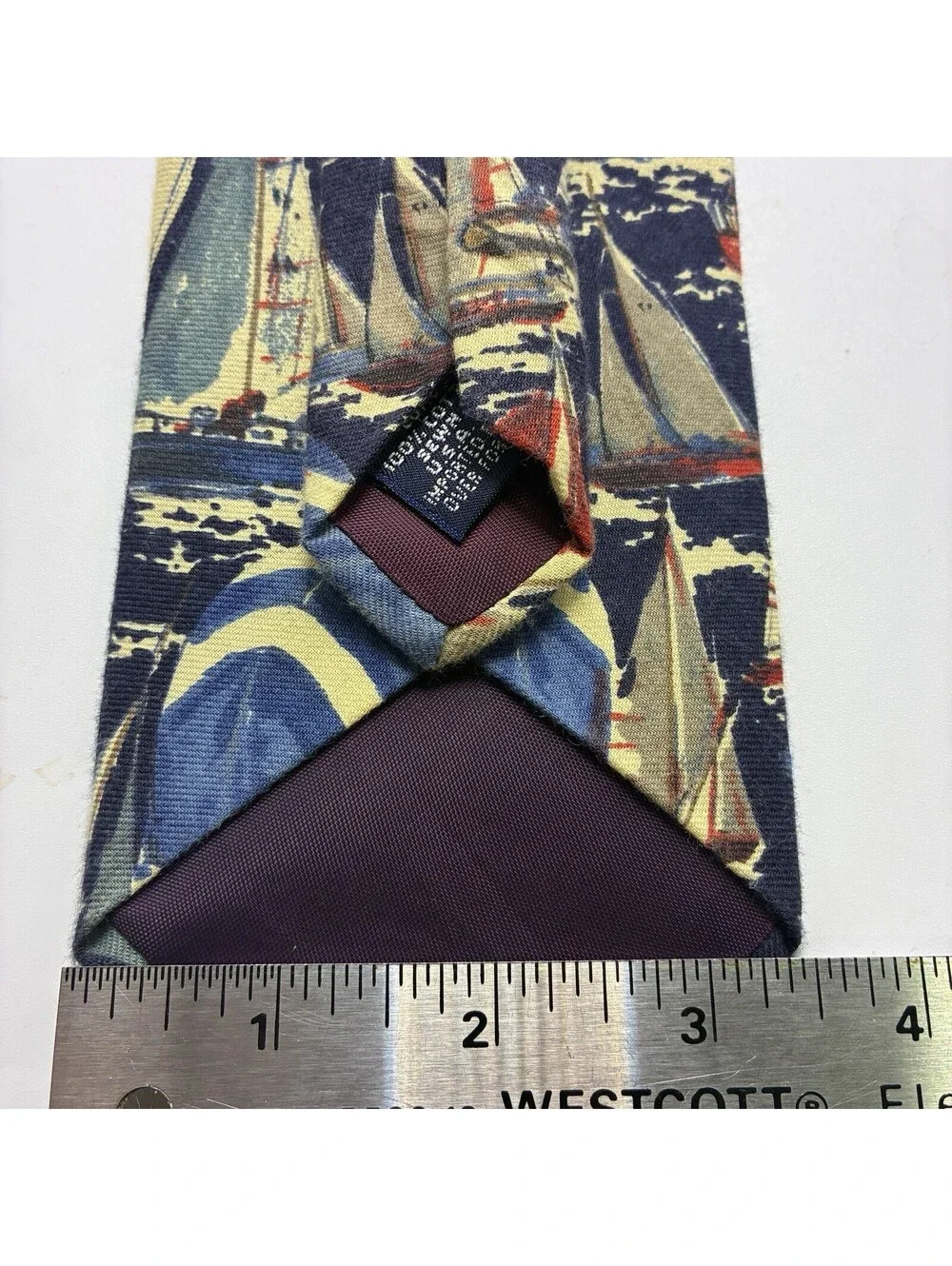 Lands' End Nautical Sailboat Sailing Boating Silk Necktie Blue Long 3 1/2